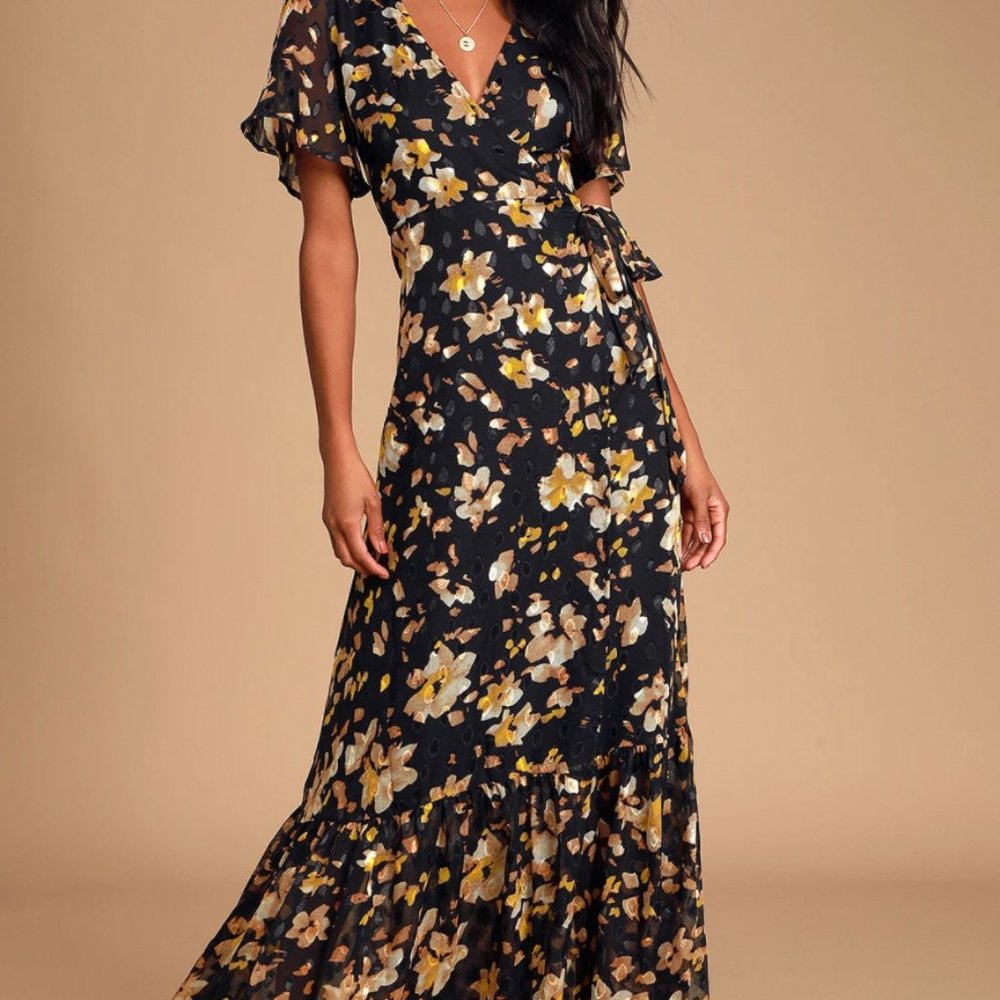 Lean On Me Black Mutli Print Wrap Maxi Dress